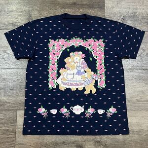 Vintage 90s All Over Print AOP Teddy Bear Tea Party Shirt Puff Print Hearts L